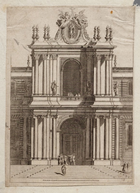 Ornamentprent. Vooraanzicht van een kerk (Portails d'Eglise. Kopie - Titelblad).